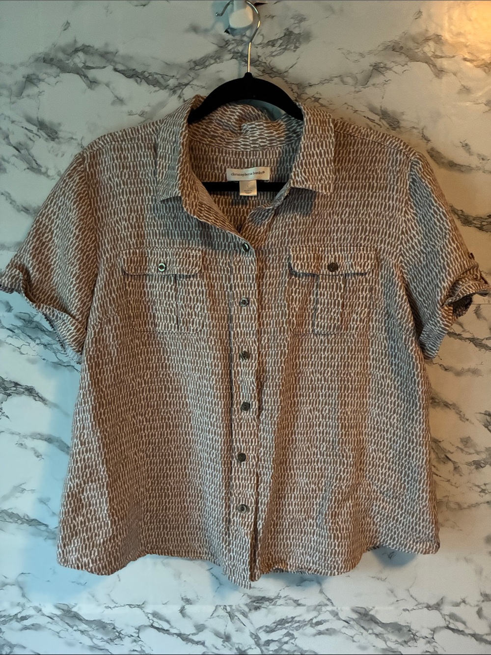 Christopher & Banks LTan and White Short-Sleeve Button Front Blouse